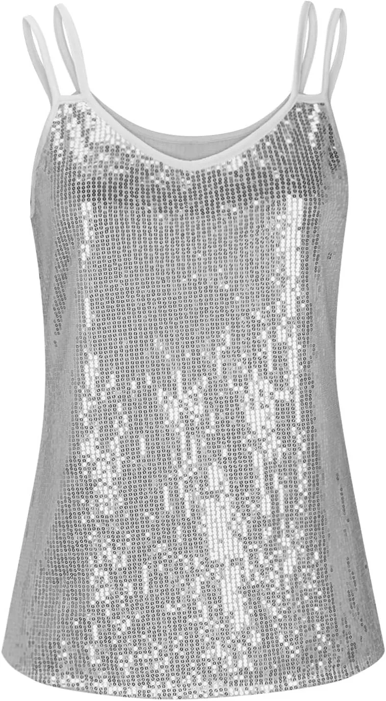 Women Disco Sequin Cami Tops Summer Sexy V Neck Sparkly Club Party Tank Tops Spaghetti Straps Glitter Concert Outfit