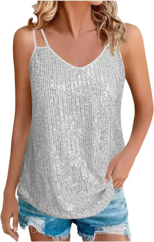Women Disco Sequin Cami Tops Summer Sexy V Neck Sparkly Club Party Tank Tops Spaghetti Straps Glitter Concert Outfit