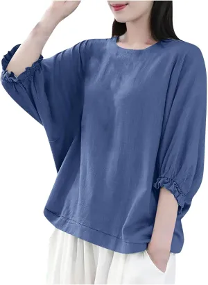 Women Frill 3/4 Batwing Sleeve T-Shirts Summer Cotton Linen Casual Loose Fit Blouse Fashion Crewneck Solid Vacation Tee Tops