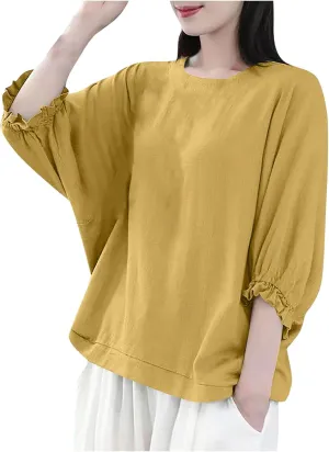 Women Frill 3/4 Batwing Sleeve T-Shirts Summer Cotton Linen Casual Loose Fit Blouse Fashion Crewneck Solid Vacation Tee Tops