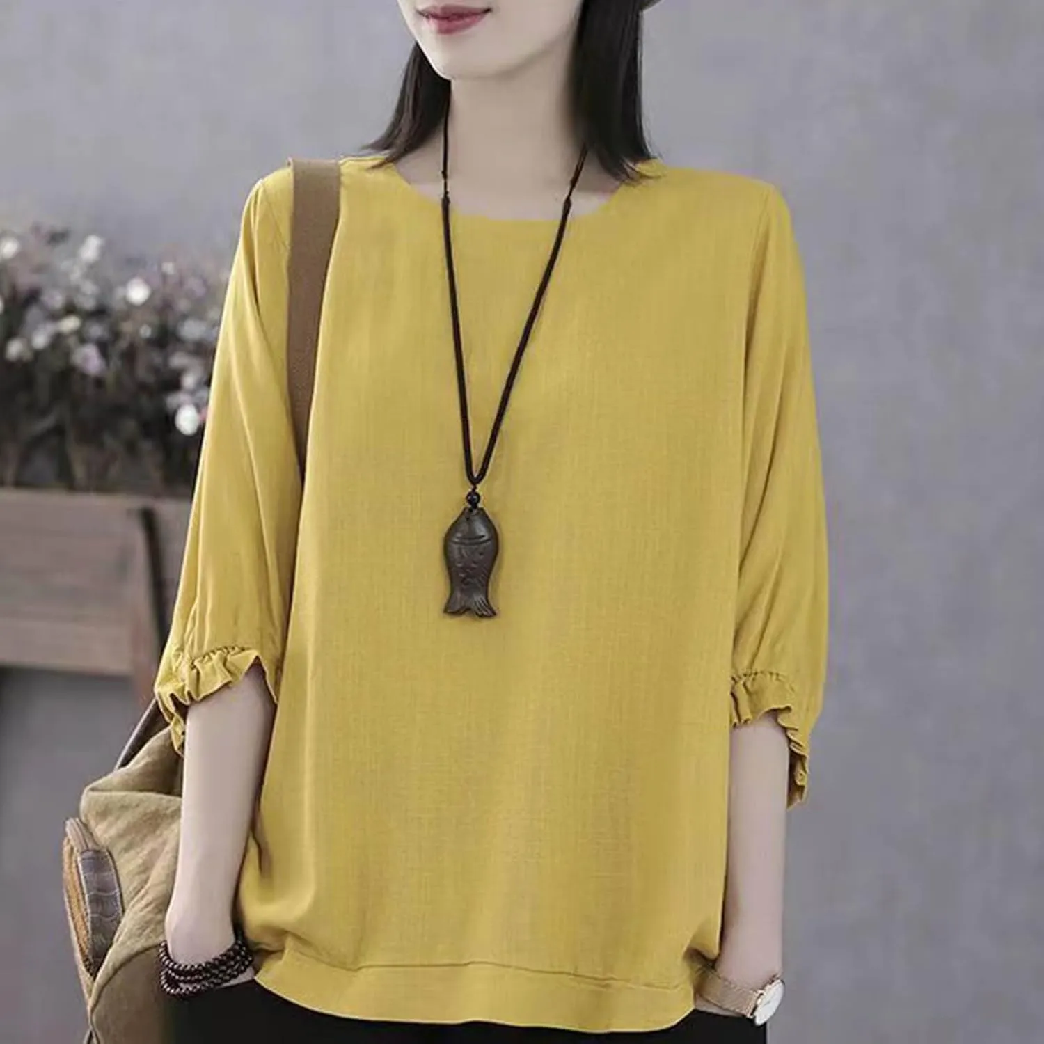 Women Frill 3/4 Batwing Sleeve T-Shirts Summer Cotton Linen Casual Loose Fit Blouse Fashion Crewneck Solid Vacation Tee Tops