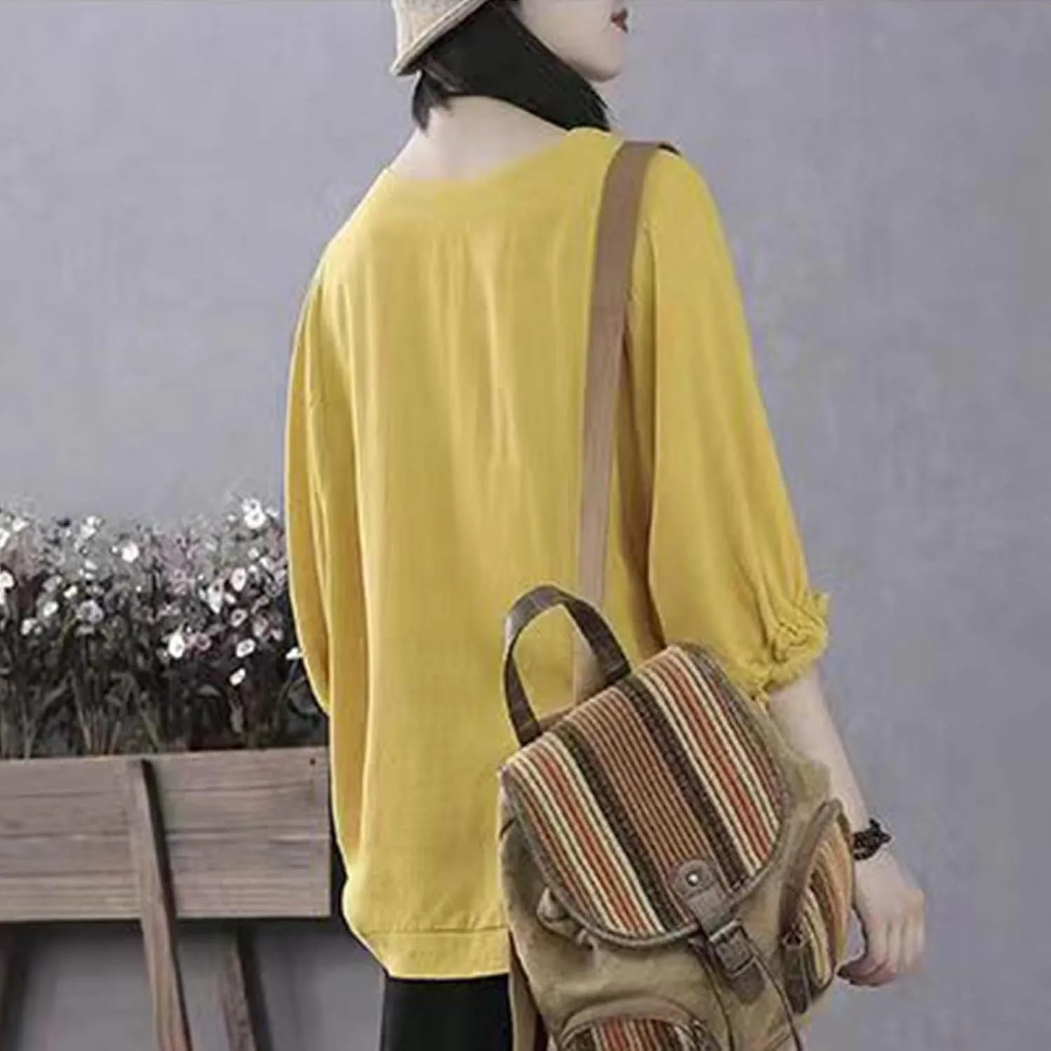 Women Frill 3/4 Batwing Sleeve T-Shirts Summer Cotton Linen Casual Loose Fit Blouse Fashion Crewneck Solid Vacation Tee Tops