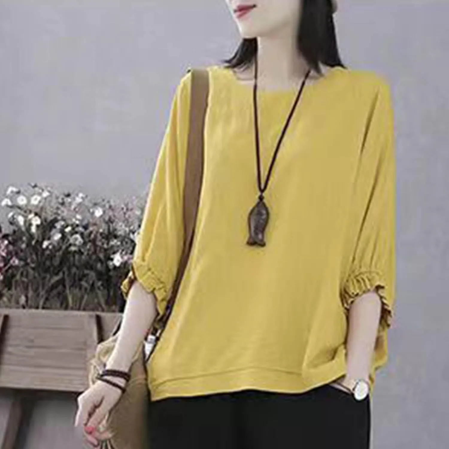 Women Frill 3/4 Batwing Sleeve T-Shirts Summer Cotton Linen Casual Loose Fit Blouse Fashion Crewneck Solid Vacation Tee Tops