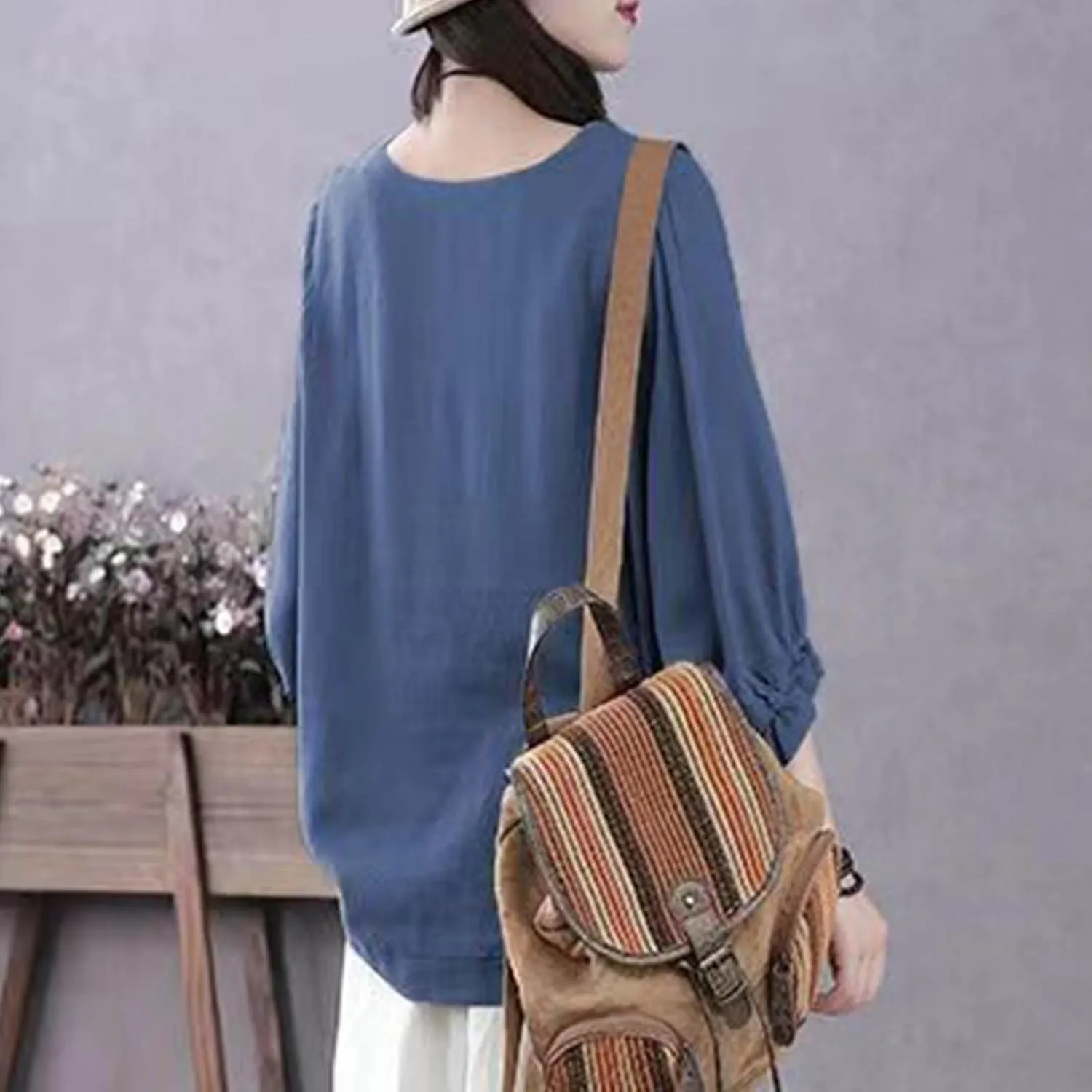 Women Frill 3/4 Batwing Sleeve T-Shirts Summer Cotton Linen Casual Loose Fit Blouse Fashion Crewneck Solid Vacation Tee Tops