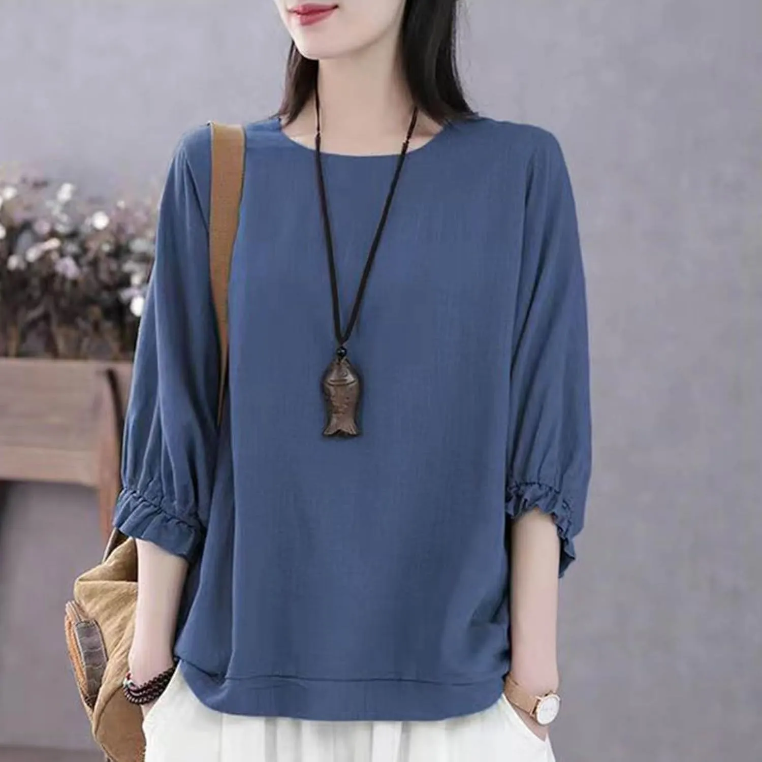 Women Frill 3/4 Batwing Sleeve T-Shirts Summer Cotton Linen Casual Loose Fit Blouse Fashion Crewneck Solid Vacation Tee Tops
