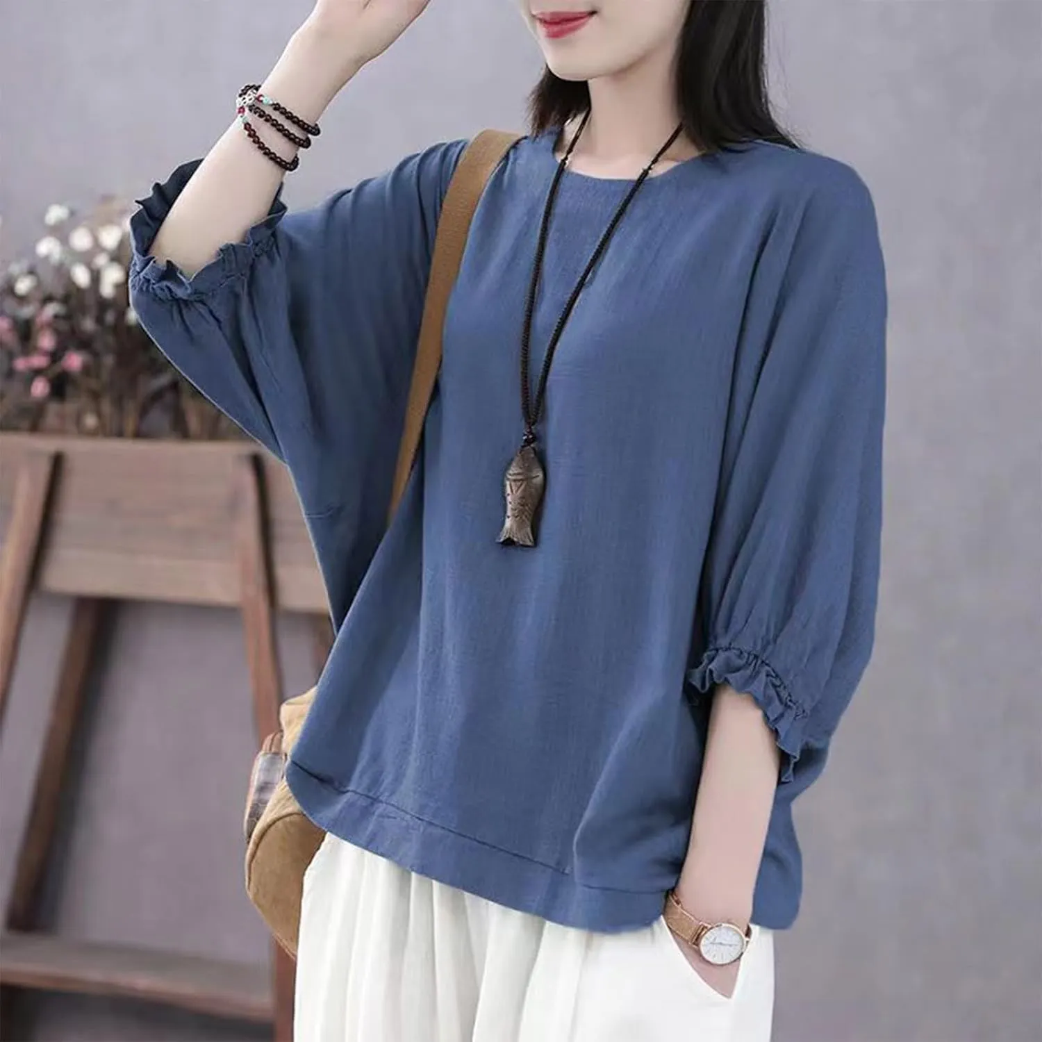 Women Frill 3/4 Batwing Sleeve T-Shirts Summer Cotton Linen Casual Loose Fit Blouse Fashion Crewneck Solid Vacation Tee Tops