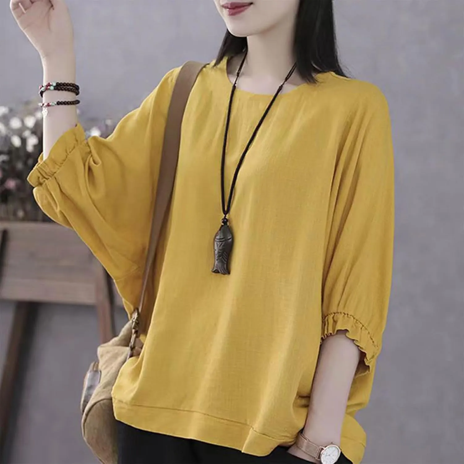 Women Frill 3/4 Batwing Sleeve T-Shirts Summer Cotton Linen Casual Loose Fit Blouse Fashion Crewneck Solid Vacation Tee Tops