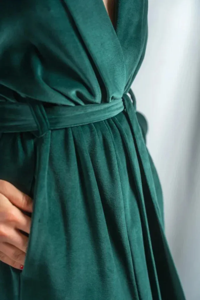 Women Green Velvet Robe for Bath and Party, Velvet Kimono Robe for Her
