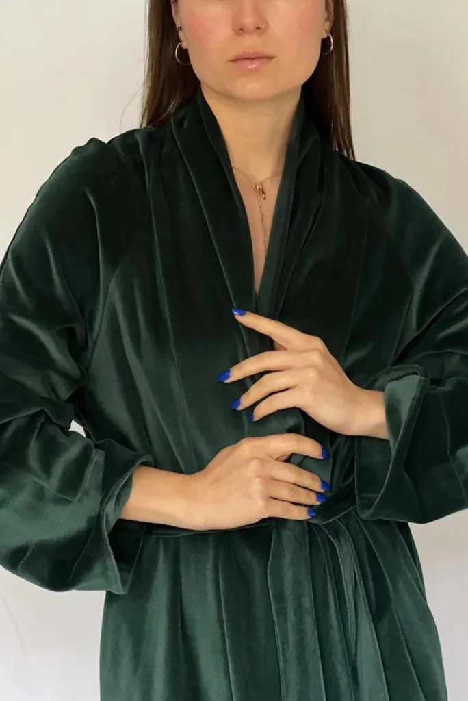 Women Green Velvet Robe for Bath and Party, Velvet Kimono Robe for Her