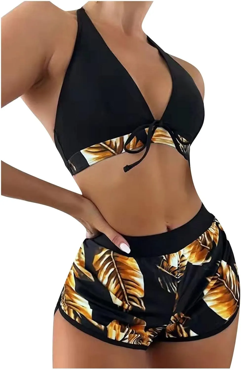 Women Halter Top Floral Swim Shorts Bikini Set Tropical 2 Piece Swimsuits Athletic Bathing Suit Beach Sporty Swimwear