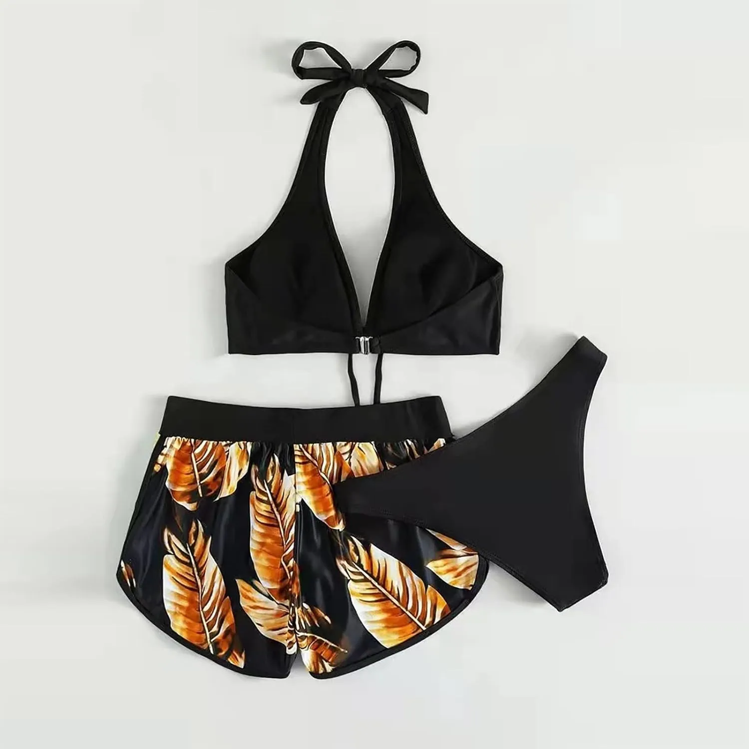 Women Halter Top Floral Swim Shorts Bikini Set Tropical 2 Piece Swimsuits Athletic Bathing Suit Beach Sporty Swimwear