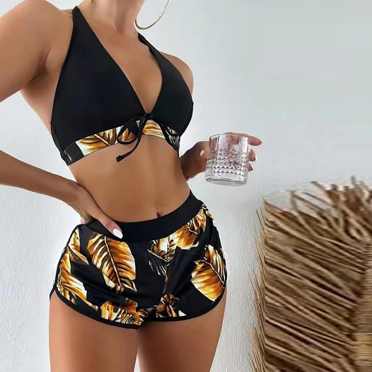 Women Halter Top Floral Swim Shorts Bikini Set Tropical 2 Piece Swimsuits Athletic Bathing Suit Beach Sporty Swimwear