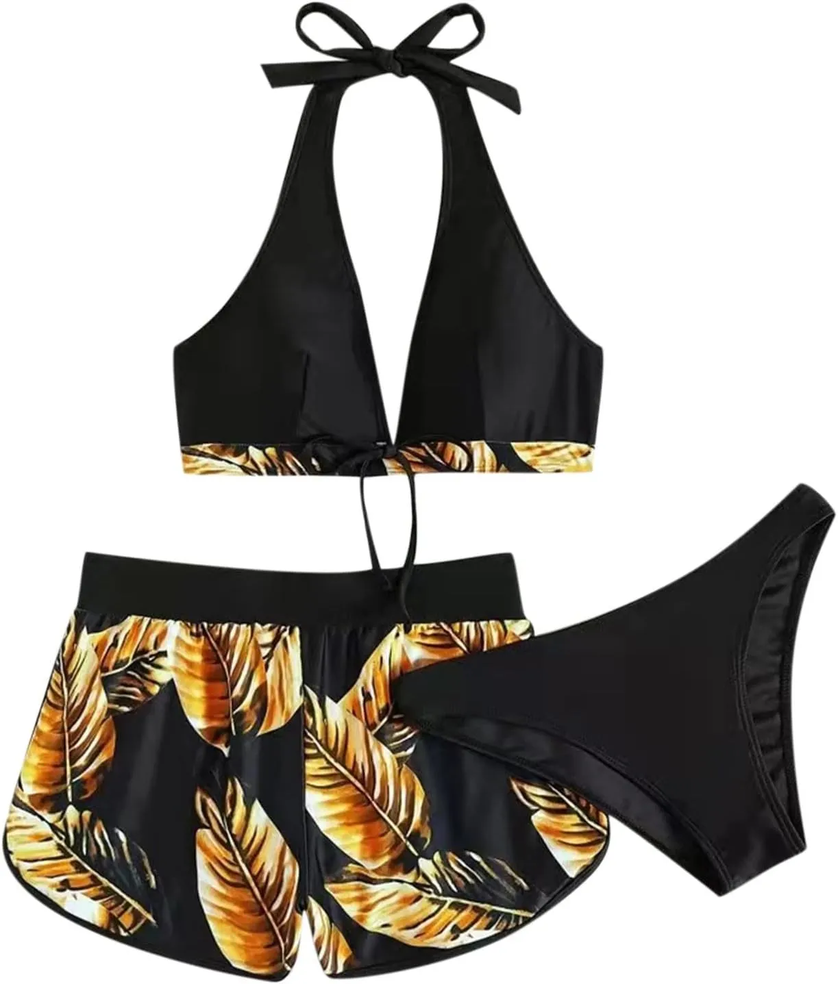 Women Halter Top Floral Swim Shorts Bikini Set Tropical 2 Piece Swimsuits Athletic Bathing Suit Beach Sporty Swimwear