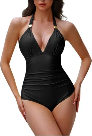 Women Halter V Neck One Piece Swimsuits Tummy Control Ruched Swimwear Sexy Push Up Backless Slimming Bathing Suit