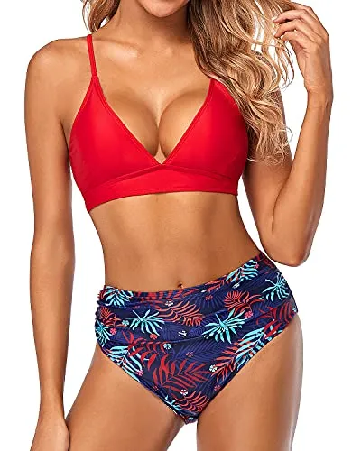 Women High Waisted Bikini Set Two Piece Swimsuits Tummy Control Bathing Suits-Red And Leaf