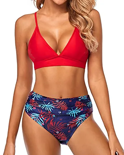 Women High Waisted Bikini Set Two Piece Swimsuits Tummy Control Bathing Suits-Red And Leaf