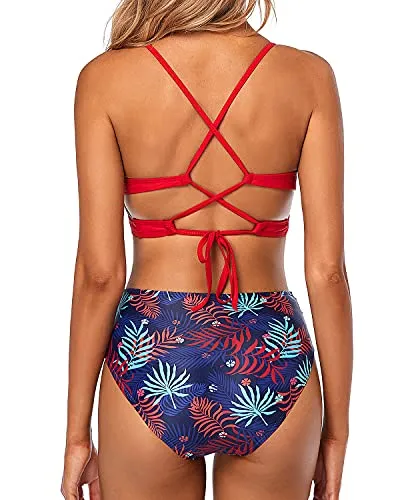 Women High Waisted Bikini Set Two Piece Swimsuits Tummy Control Bathing Suits-Red And Leaf