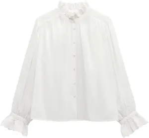 Women Lace Ruffled Collar Shirts Lantern Sleeve Long Sleeved Blouse Casual Slim Fit Top