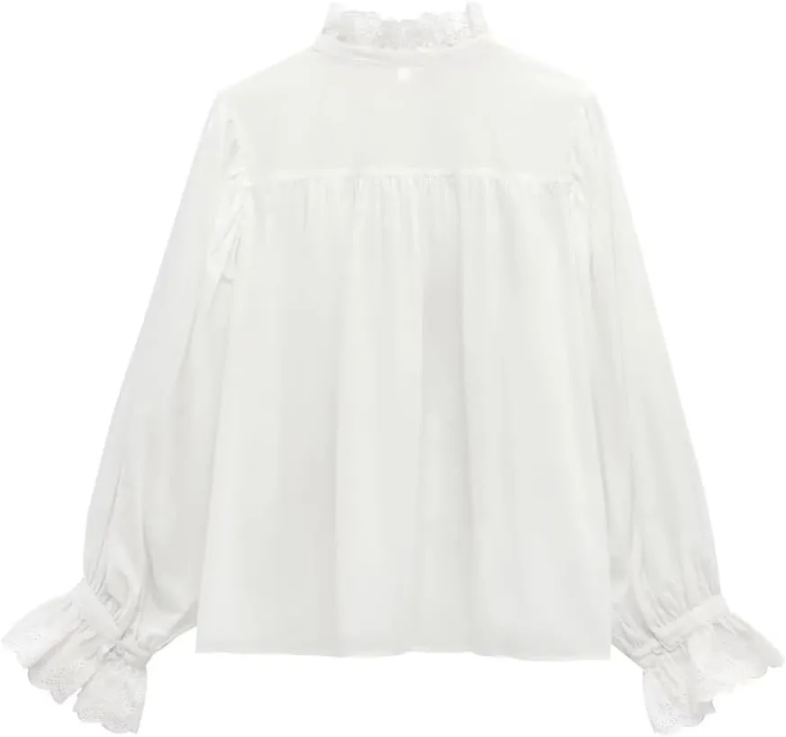 Women Lace Ruffled Collar Shirts Lantern Sleeve Long Sleeved Blouse Casual Slim Fit Top