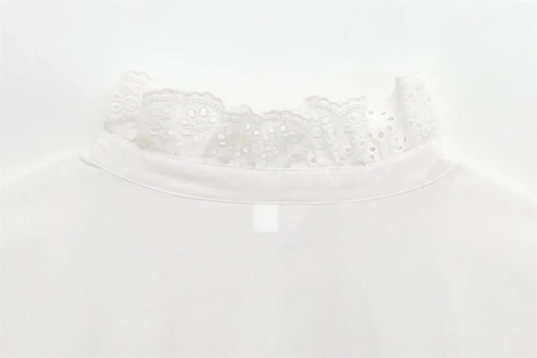 Women Lace Ruffled Collar Shirts Lantern Sleeve Long Sleeved Blouse Casual Slim Fit Top