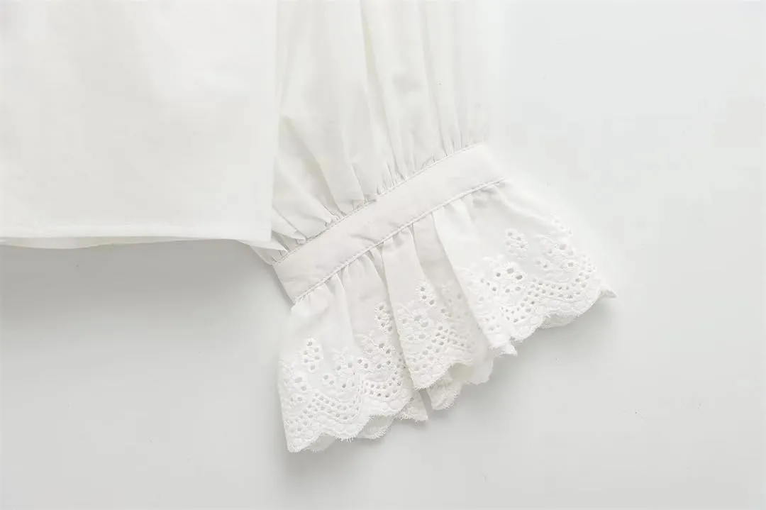 Women Lace Ruffled Collar Shirts Lantern Sleeve Long Sleeved Blouse Casual Slim Fit Top