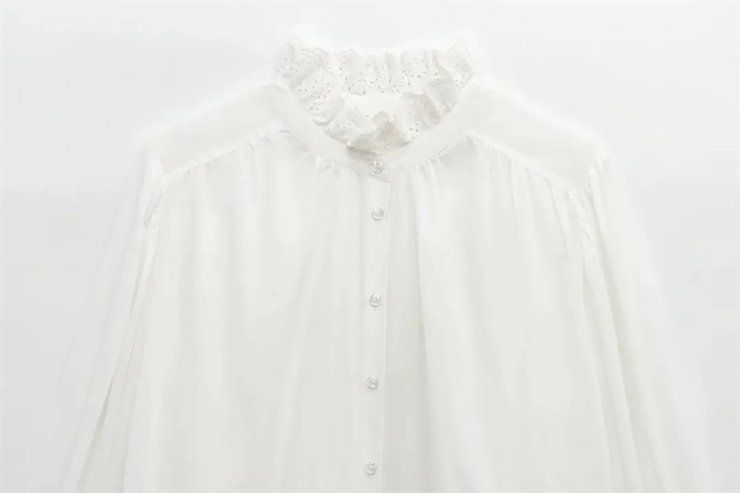 Women Lace Ruffled Collar Shirts Lantern Sleeve Long Sleeved Blouse Casual Slim Fit Top