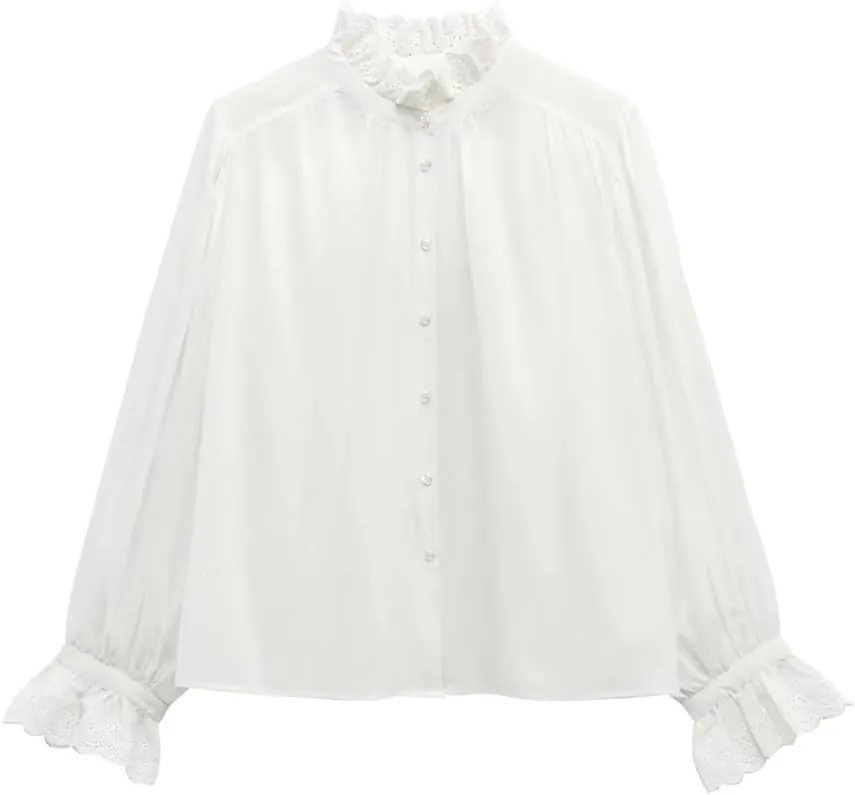 Women Lace Ruffled Collar Shirts Lantern Sleeve Long Sleeved Blouse Casual Slim Fit Top