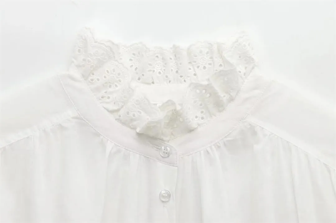 Women Lace Ruffled Collar Shirts Lantern Sleeve Long Sleeved Blouse Casual Slim Fit Top