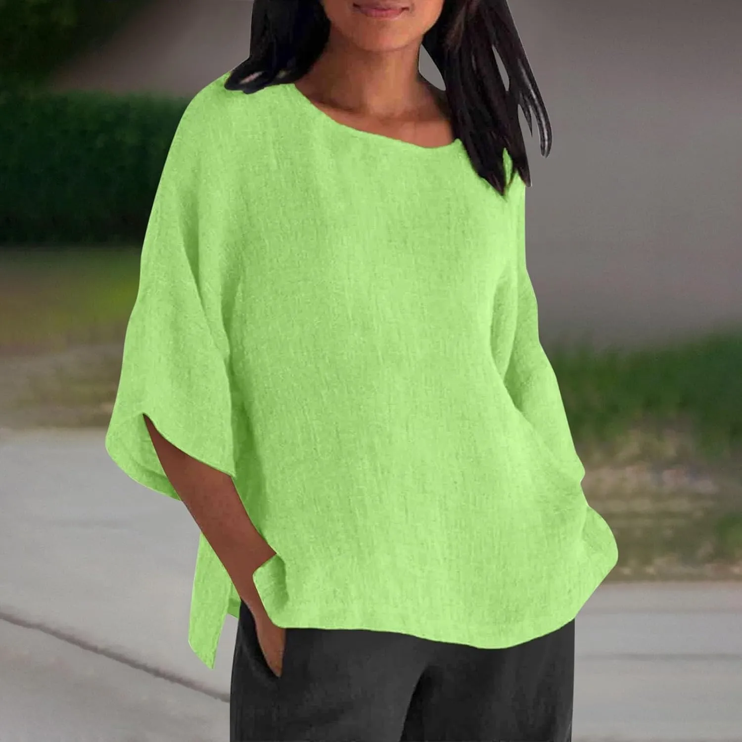 Women Linen Shirts Summer Cotton Linen Boho Short Sleeve T-Shirt Casual Loose Basic V Neck Blouse Top