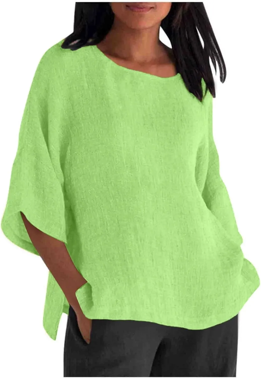 Women Linen Shirts Summer Cotton Linen Boho Short Sleeve T-Shirt Casual Loose Basic V Neck Blouse Top