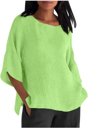Women Linen Shirts Summer Cotton Linen Boho Short Sleeve T-Shirt Casual Loose Basic V Neck Blouse Top