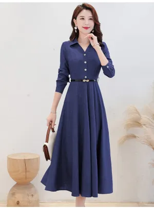 Women Long Sleeve Cotton Dress Solid Color Casual Pink Dress Midi Tunics V Neck Spring Green Robe 2XL S1902051