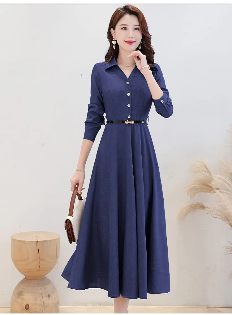 Women Long Sleeve Cotton Dress Solid Color Casual Pink Dress Midi Tunics V Neck Spring Green Robe 2XL S1902051