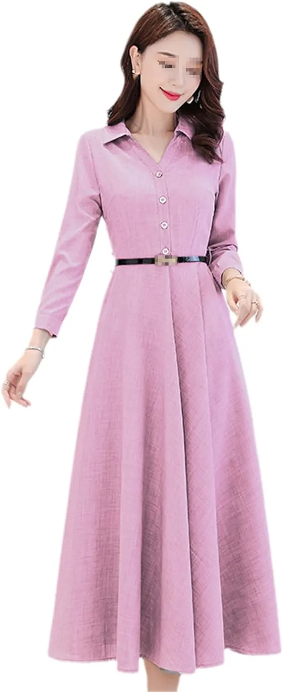 Women Long Sleeve Cotton Dress Solid Color Casual Pink Dress Midi Tunics V Neck Spring Green Robe 2XL S1902051