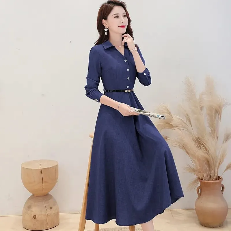 Women Long Sleeve Cotton Dress Solid Color Casual Pink Dress Midi Tunics V Neck Spring Green Robe 2XL S1902051