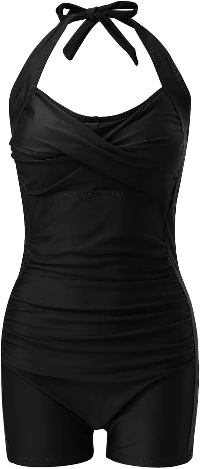 Women One Piece Swimsuits with Shorts Tummy Control Retro Bathing Suit Halter Boyleg Swimwear