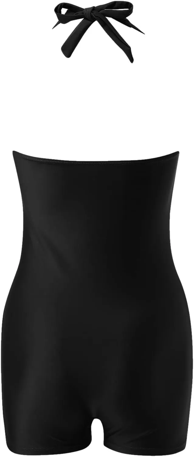 Women One Piece Swimsuits with Shorts Tummy Control Retro Bathing Suit Halter Boyleg Swimwear