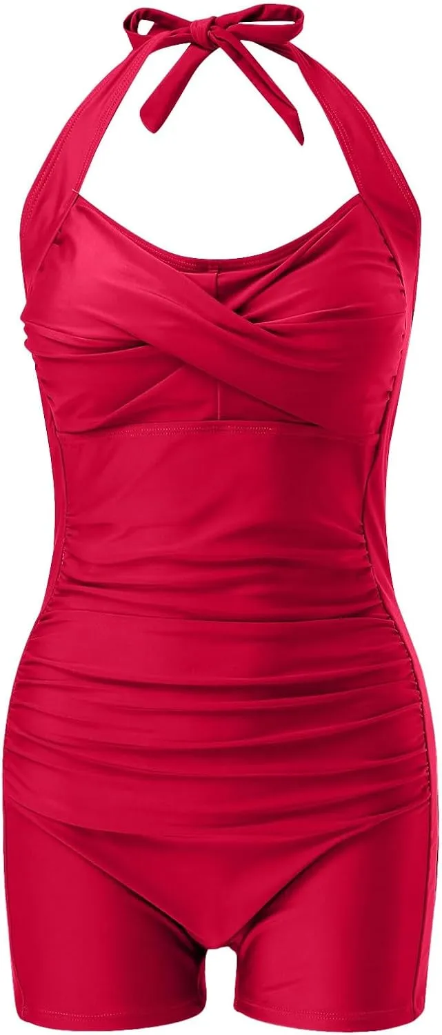 Women One Piece Swimsuits with Shorts Tummy Control Retro Bathing Suit Halter Boyleg Swimwear
