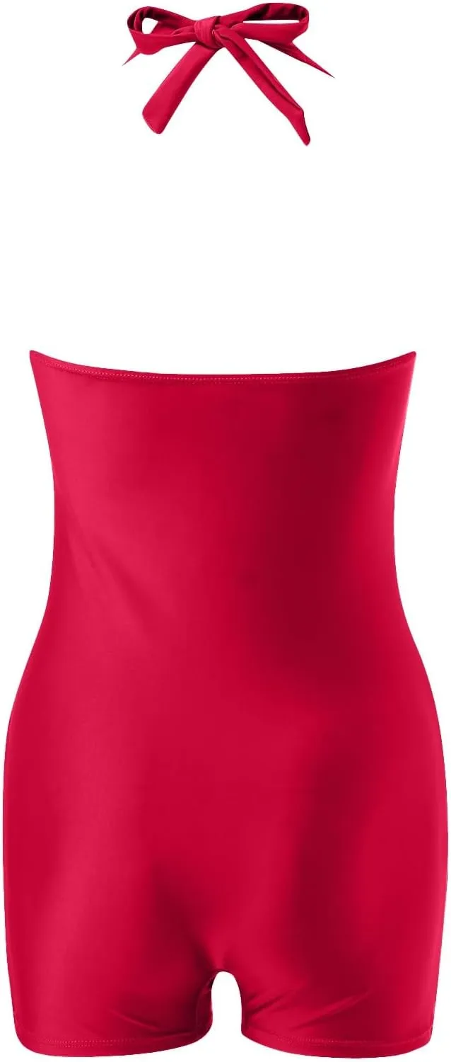 Women One Piece Swimsuits with Shorts Tummy Control Retro Bathing Suit Halter Boyleg Swimwear