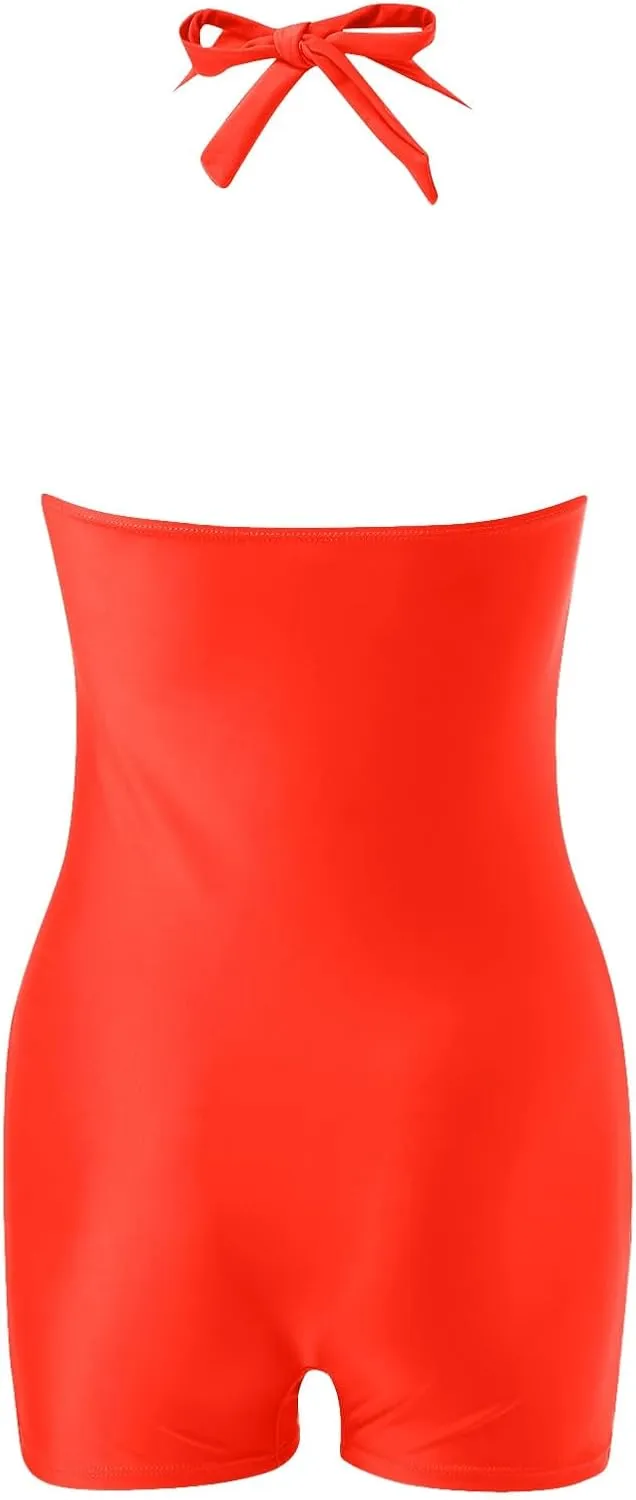 Women One Piece Swimsuits with Shorts Tummy Control Retro Bathing Suit Halter Boyleg Swimwear