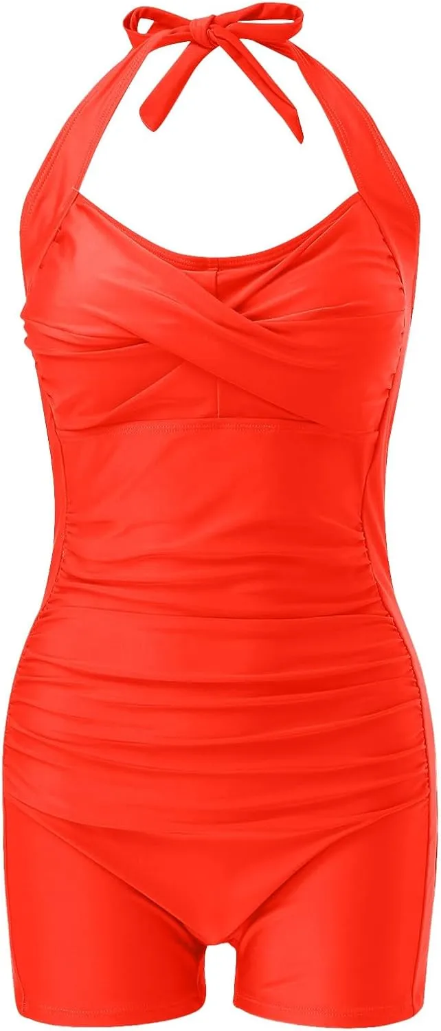 Women One Piece Swimsuits with Shorts Tummy Control Retro Bathing Suit Halter Boyleg Swimwear