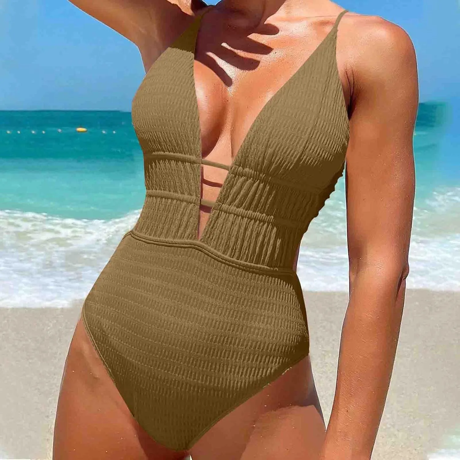 Women One Piece Textured Swimsuit Sexy Plunge Bathing Suits Tummy Control Swimsuits Criss Cross Tie Backless Swimwear