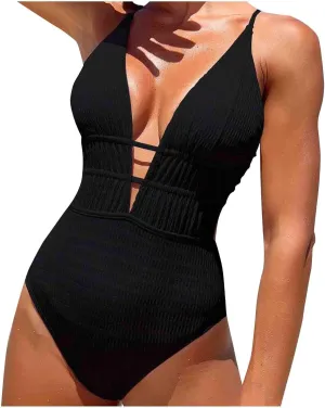 Women One Piece Textured Swimsuit Sexy Plunge Bathing Suits Tummy Control Swimsuits Criss Cross Tie Backless Swimwear