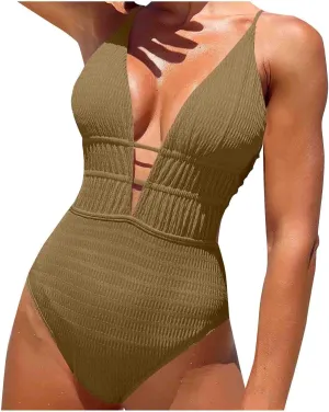 Women One Piece Textured Swimsuit Sexy Plunge Bathing Suits Tummy Control Swimsuits Criss Cross Tie Backless Swimwear