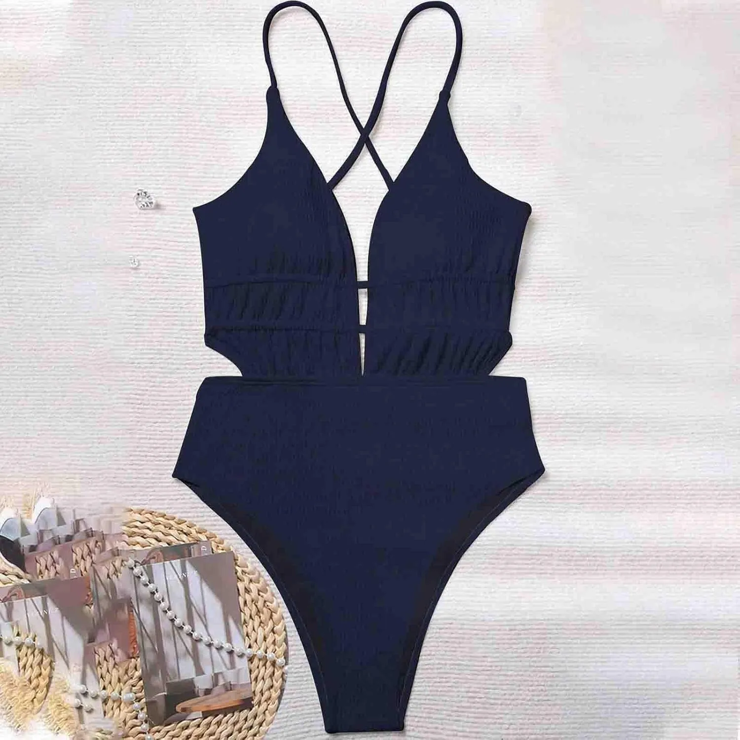 Women One Piece Textured Swimsuit Sexy Plunge Bathing Suits Tummy Control Swimsuits Criss Cross Tie Backless Swimwear