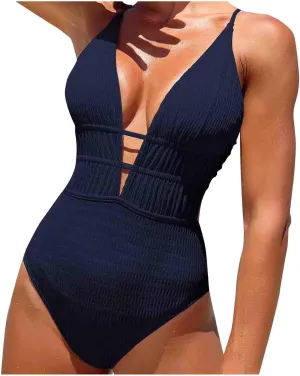 Women One Piece Textured Swimsuit Sexy Plunge Bathing Suits Tummy Control Swimsuits Criss Cross Tie Backless Swimwear