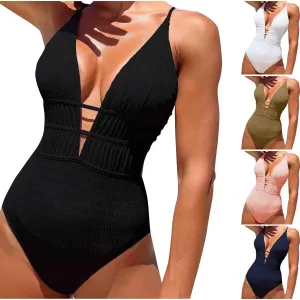 Women One Piece Textured Swimsuit Sexy Plunge Bathing Suits Tummy Control Swimsuits Criss Cross Tie Backless Swimwear