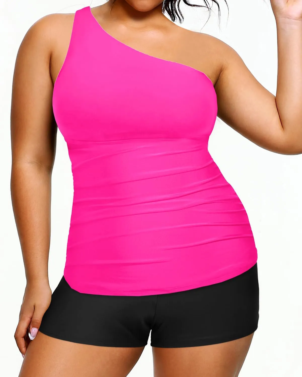 Women One Shoulder Plus Size Tankini with Shorts Two Piece Swimsuit Tummy Control Bathing Suit