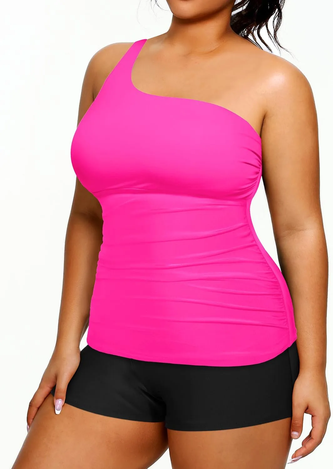 Women One Shoulder Plus Size Tankini with Shorts Two Piece Swimsuit Tummy Control Bathing Suit