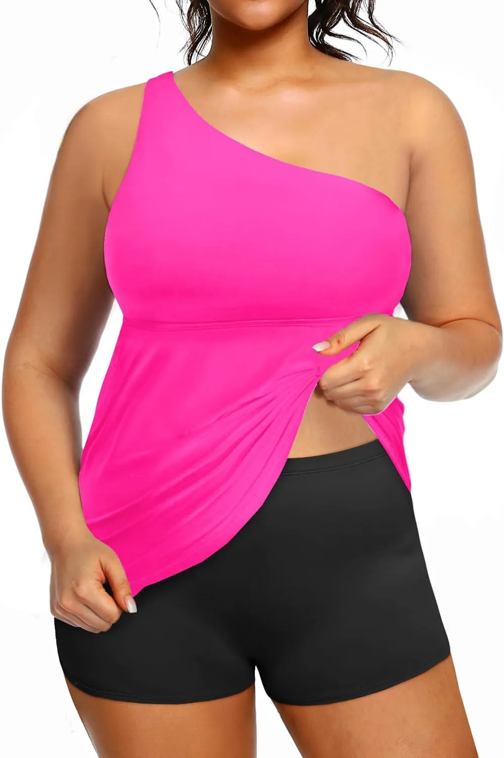 Women One Shoulder Plus Size Tankini with Shorts Two Piece Swimsuit Tummy Control Bathing Suit